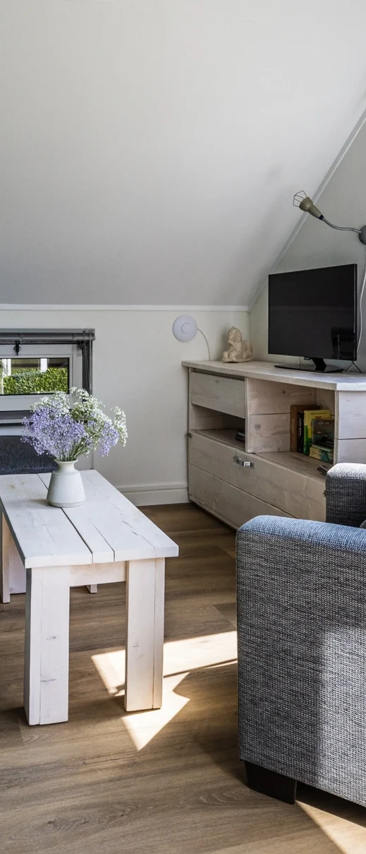 Moderne woonkamer met houten vloer, tv, bank, en een tafel met bloemen.