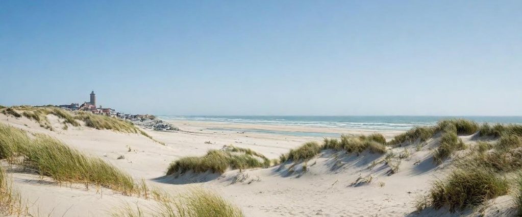 Zandstranden met duinen en een heldere lucht, op de achtergrond een toren en zee.