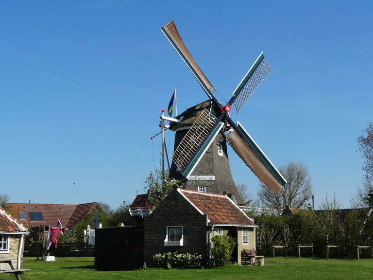 Formerum molen Traditionele Nederlandse molen met draaiende wieken, omringd door gras en huizen.